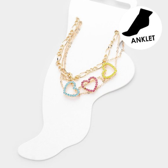 Jewelry - Heart Ankle Rhinestone Bracelet Multi Color